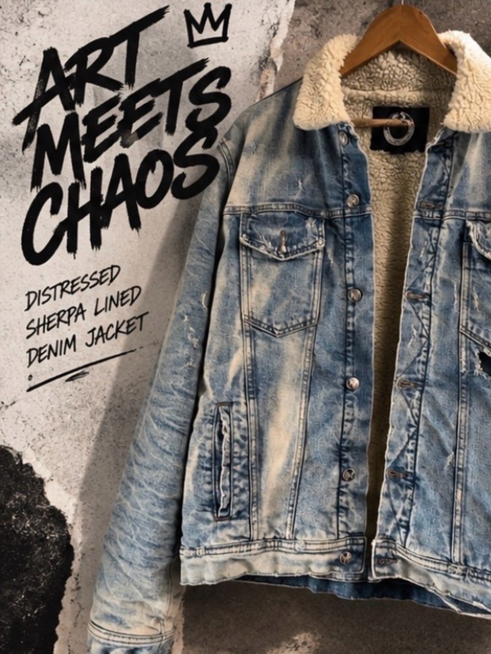 Art Meets Chaos Men's Distressed Sherpa Denim Jacket - Perfect Condition
